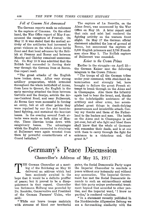 First page of Germany’s Peace Discussion<subtitle>Chancellor’s Address o f May 15, 1917</subtitle>