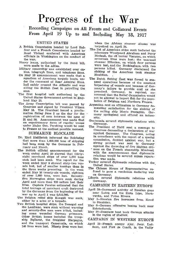 First page of Progress of the War<subtitle>Recording Campaigns on all Fronts and Collateral Events from April 19 Up to and Including May 18, 1917</subtitle>