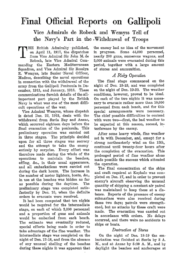 First page of Final Official Reports on Gallipoli<subtitle>Vice Admirals de Robeck and Wemyss Tell of the Navy’s Part in the Withdrawal of Troops</subtitle>