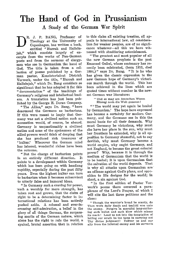 First page of The Hand of God in Prussianism<subtitle>A Study of the German War Spirit</subtitle>