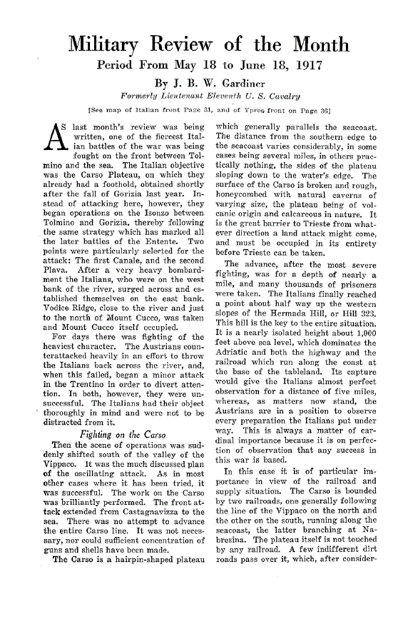 First page of Military Review of the Month<subtitle>Period From May 18 to June 18, 1917</subtitle>