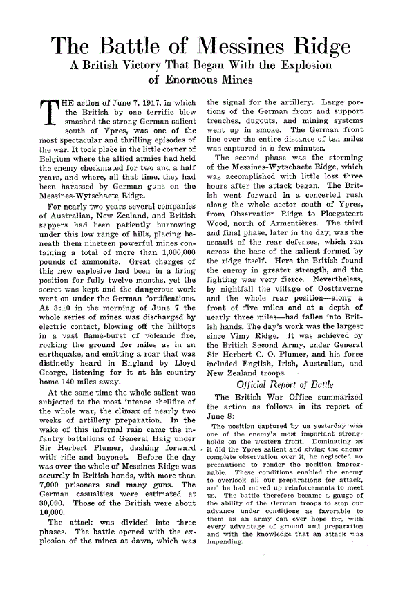 First page of The Battle of Messines Ridge<subtitle>A British Victory that Began with the Explosion of Enormous Mines</subtitle>