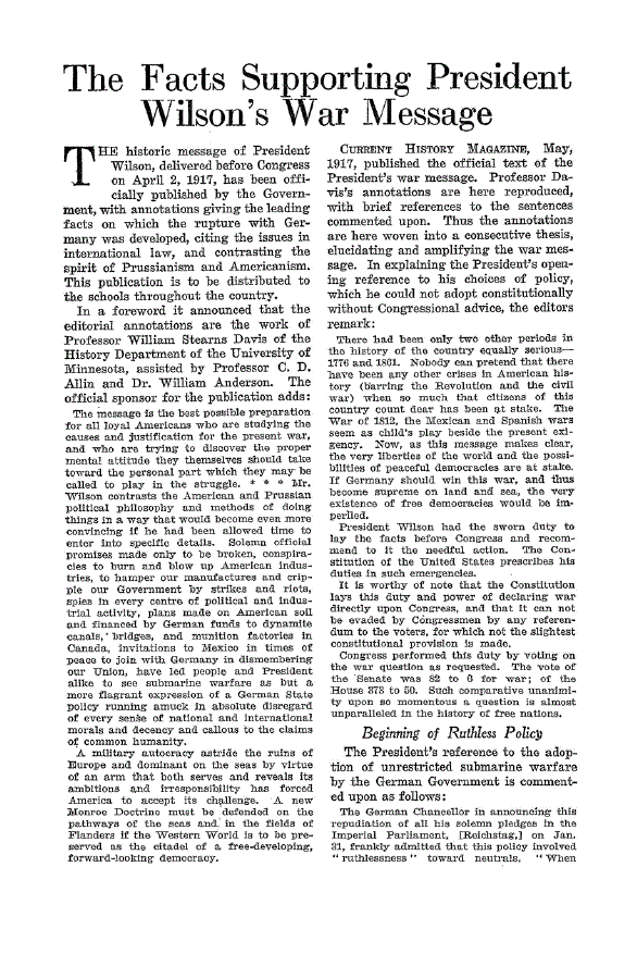 First page of The Facts Supporting President Wilson's War Message