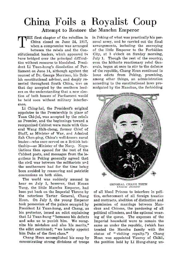 First page of China Foils a Royalist Coup<subtitle>Attempt to Restore the Manchu Emperor</subtitle>