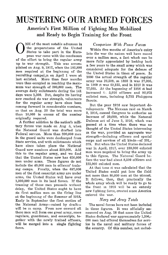 First page of Mustering Our Armed Forces<subtitle>America’s First Million of Fighting Men Mobilized and Ready to Begin Training for the Front</subtitle>