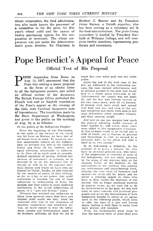 First page of Pope Benedict’s Appeal for Peace<subtitle>Official Text of his Proposal</subtitle>