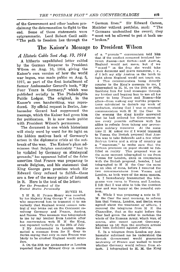 First page of The Kaiser’s Message to President Wilson