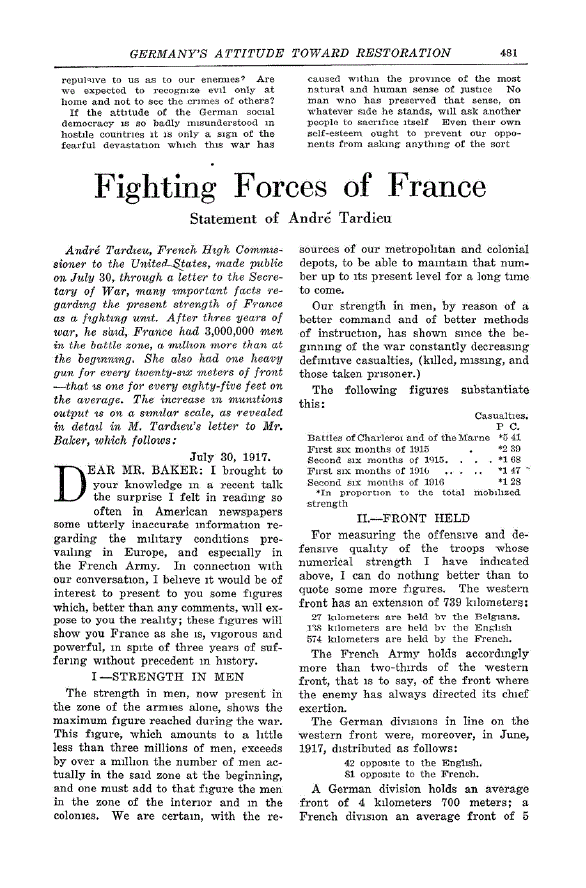 First page of Fighting Forces of France<subtitle>Statement of Andre Tardieu</subtitle>