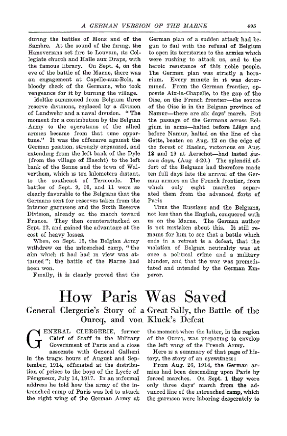First page of How Paris Was Saved<subtitle>General Clergerie’s Story of a Great Sally, the Battle of the Ourcq, and von Kluck’s Defeat</subtitle>