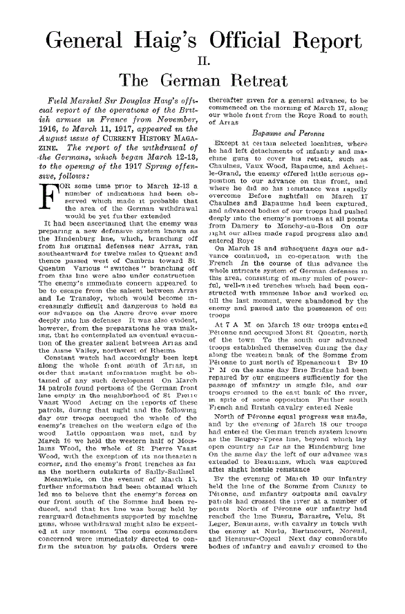 First page of General Haig’s Official Report<subtitle>II. The German Retreat</subtitle>