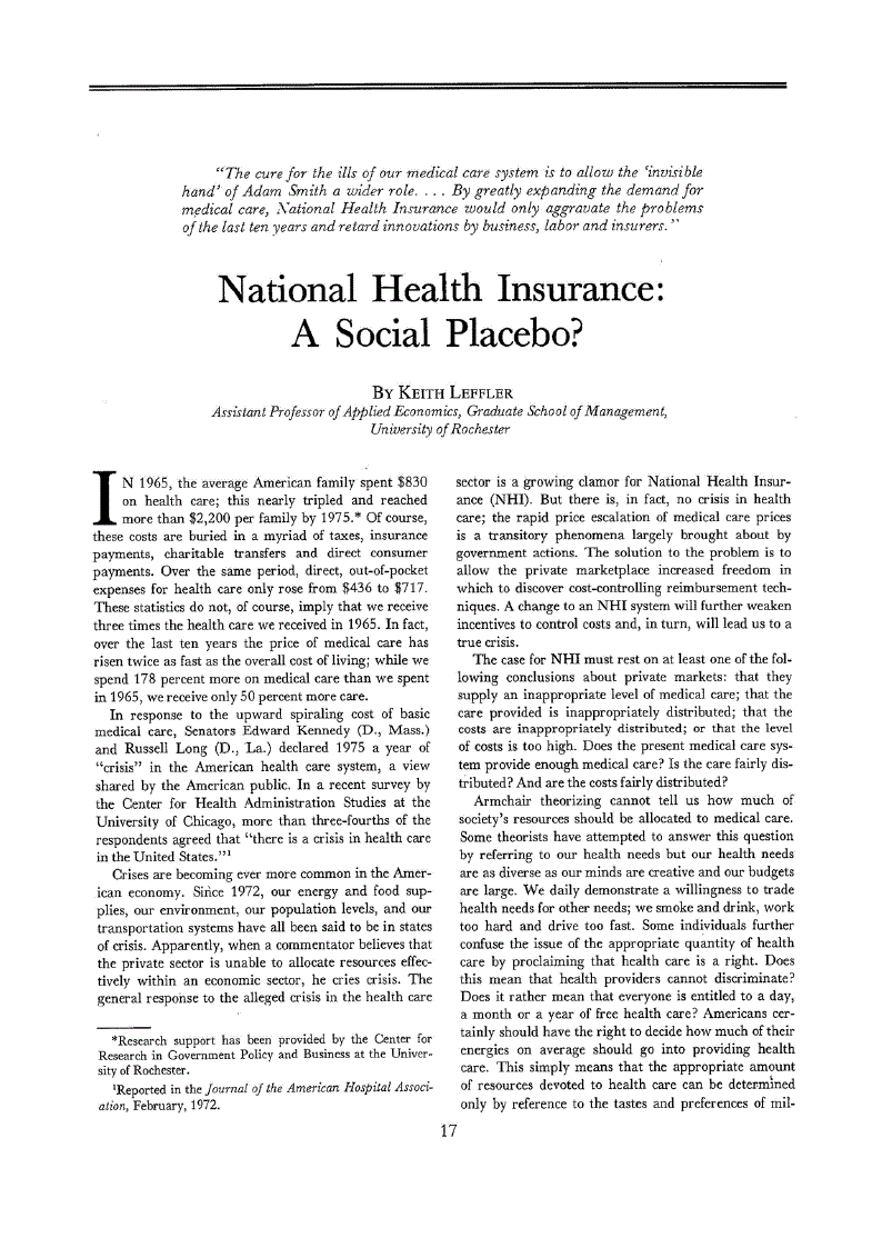 First page of National Health Insurance<subtitle>A Social Placebo?</subtitle>