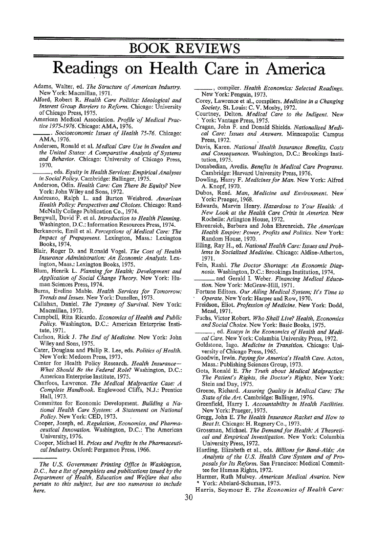 First page of Readings on Health Care in America