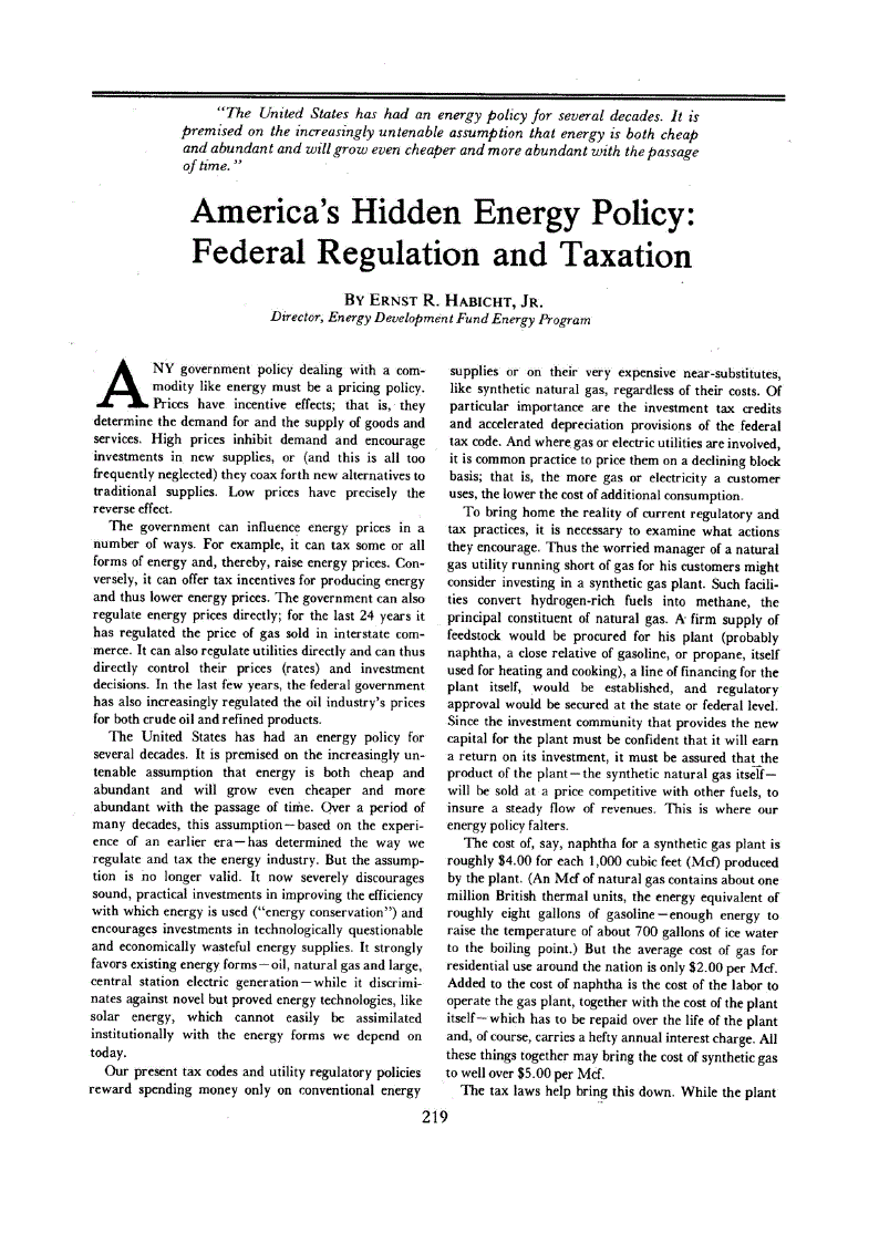 First page of America’s Hidden Energy Policy<subtitle>Federal Regulation and Taxation</subtitle>
