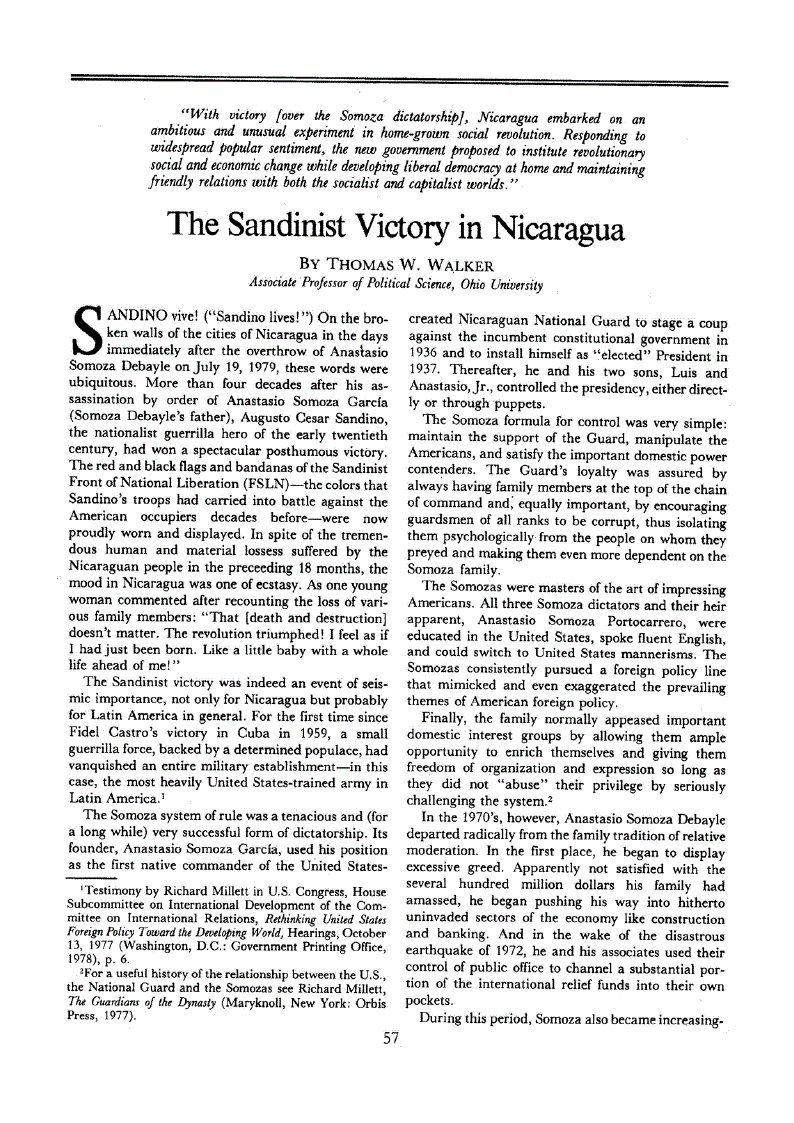 First page of The Sandinist Victory in Nicaragua