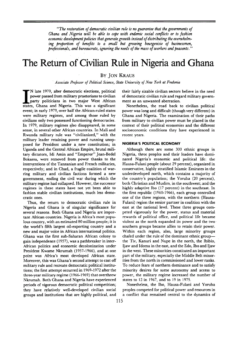 First page of The Return of Civilian Rule in Nigeria and Ghana
