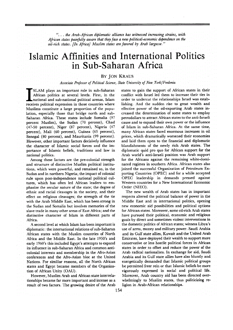 First page of Islamic Affinities and International Politics in Sub-Saharan Africa