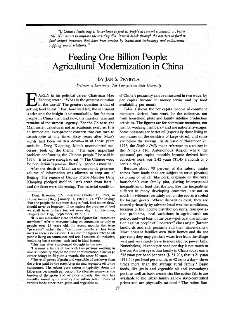 First page of Feeding One Billion People<subtitle>Agricultural Modernization in China</subtitle>