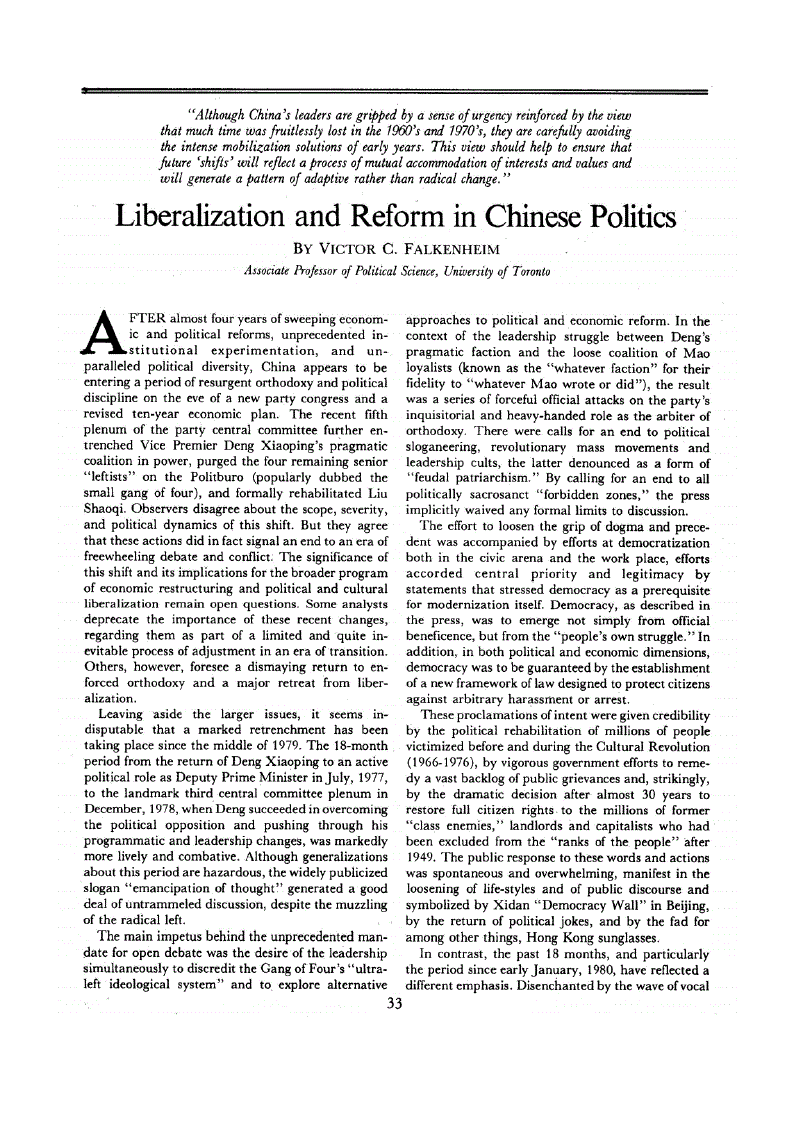 First page of Liberalization and Reform in Chinese Politics