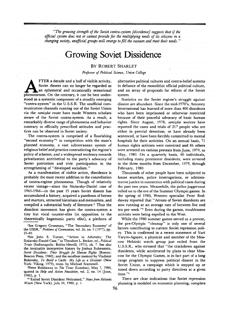 First page of Growing Soviet Dissidence