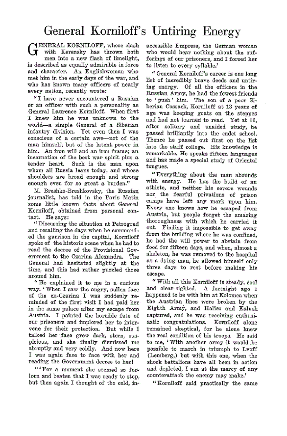 First page of General Korniloff’s Untiring Energy