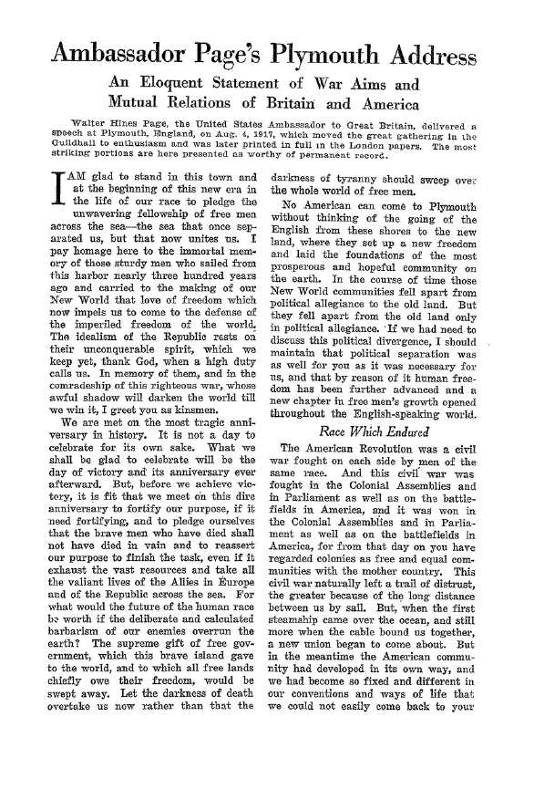 First page of Ambassador Page’s Plymouth Address<subtitle>An Eloquent Statement of War Aims and Mutual Relations of Britain and America</subtitle>