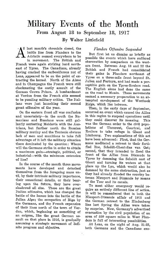 First page of Military Events of the Month<subtitle>From August 18 to September 18, 1917</subtitle>