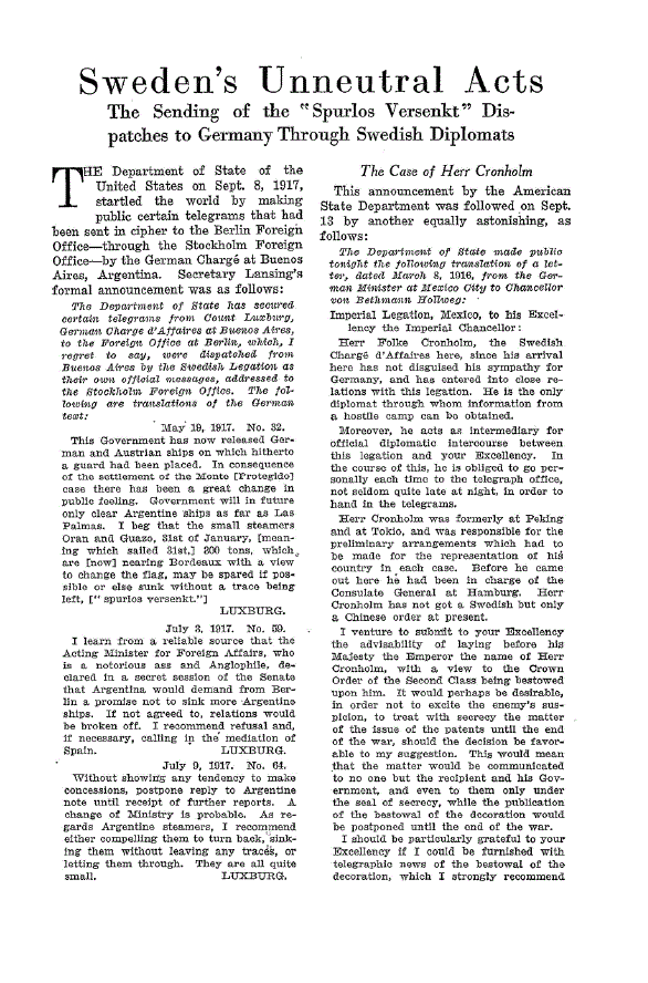 First page of Sweden’s Unneutral Acts<subtitle>The Sending of the “Spurlos Versenkt” Dispatches to Germany Through Swedish Diplomats</subtitle>