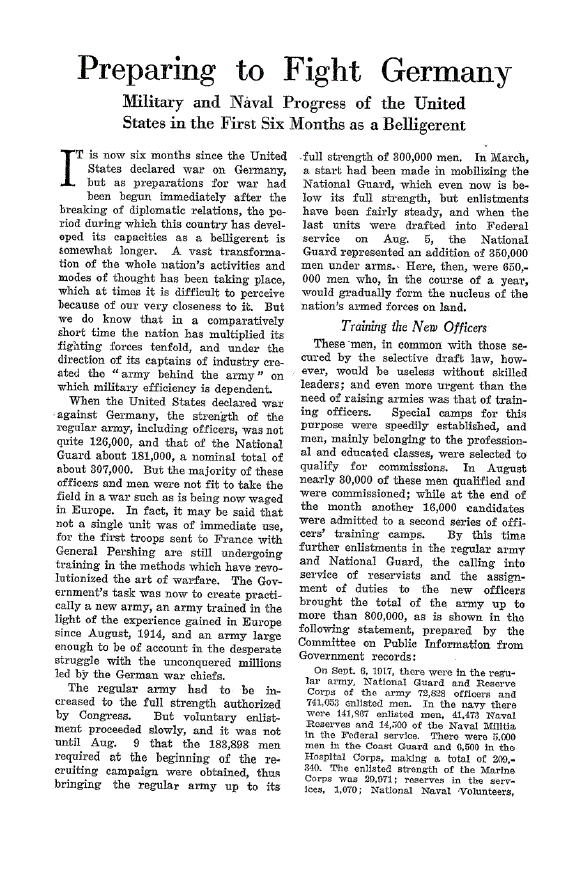 First page of Preparing to Fight Germany<subtitle>Military and Naval Progress of the United States in the First Six Months as a Belligerent</subtitle>