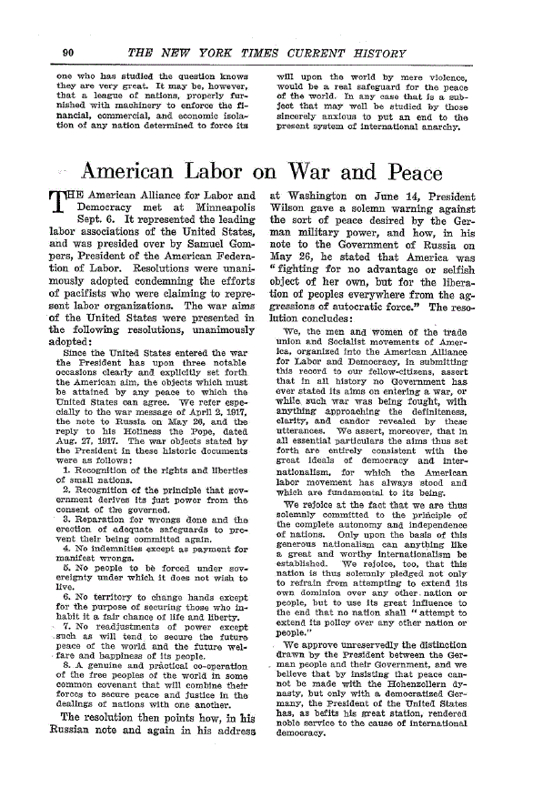 First page of American Labor on War and Peace
