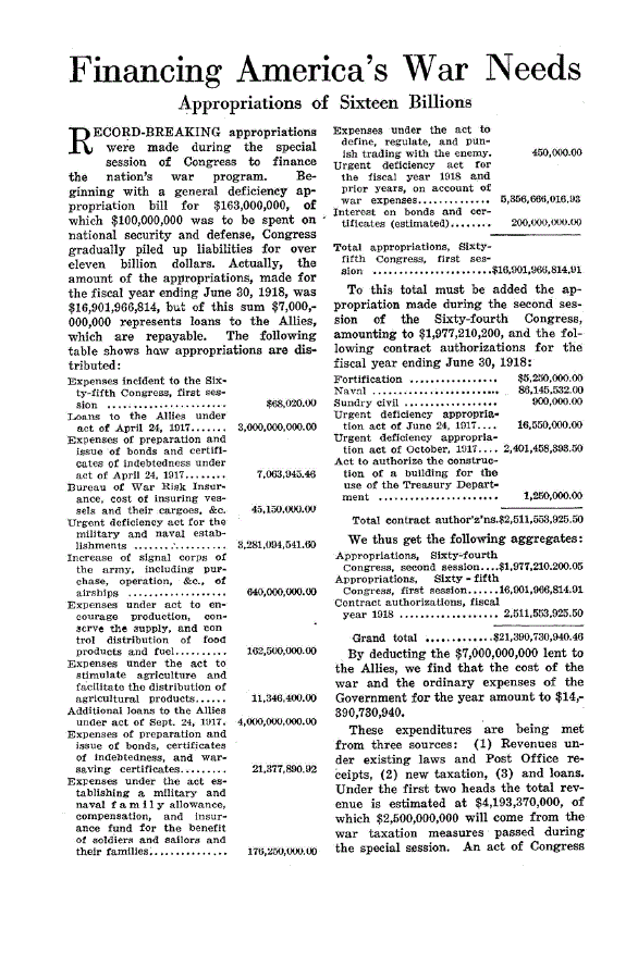 First page of Financing America’s War Needs<subtitle>Appropriations of Sixteen Billions</subtitle>