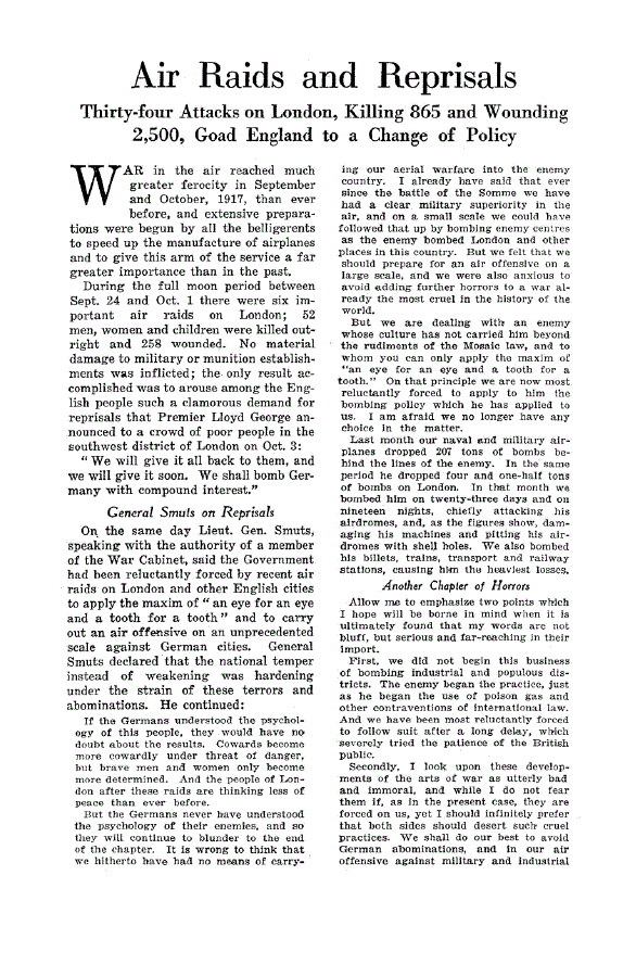 First page of Air Raids and Reprisals<subtitle>Thirty-four Attacks on London, Killing 865 and Wounding 2,500, Goad England to a Change of Policy</subtitle>