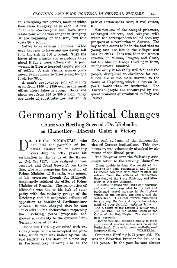 First page of Germany’s Political Changes<subtitle>Count von Herding Succeeds Dr. Michaelis as Chancellor—Liberals Claim a Victory</subtitle>