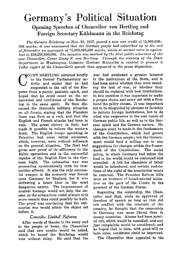 First page of Germany’s Political Situation<subtitle>Opening Speeches of Chancellor von Hertling and Foreign Secretary Kühlmann in the Reichstag</subtitle>
