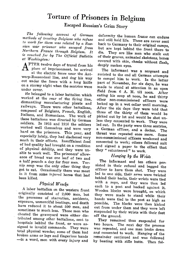 First page of Torture of Prisoners in Belgium<subtitle>Escaped Russian’s Grim Story</subtitle>