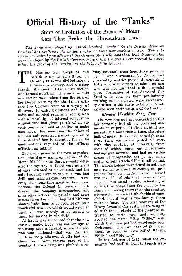 First page of Official History of the “Tanks”<subtitle>Story of Evolution of the Armored Motor Cars that Broke the Hindenburg Line</subtitle>