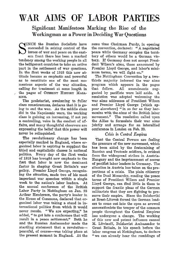 First page of War Aims of Labor Parties<subtitle>Significant Manifestoes Marking the Rise of the Workingman as a Power in Deciding War Questions</subtitle>