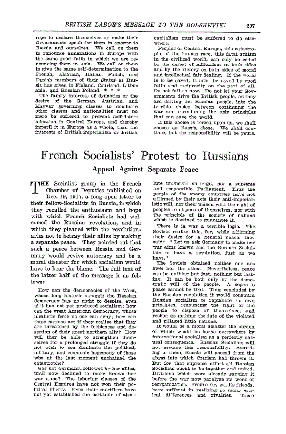 First page of French Socialists’ Protest to Russians<subtitle>Appeal Against Separate Peace</subtitle>