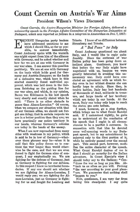 First page of Count Czernin on Austria’s War Aims<subtitle>President Wilson’s Views Discussed</subtitle>
