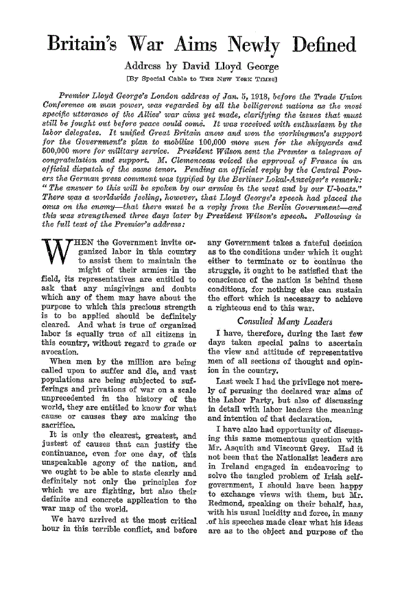 First page of Britain’s War Aims Newly Defined