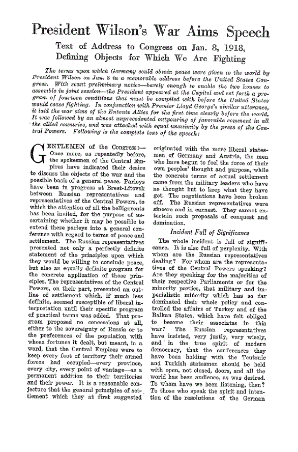 First page of President Wilson’s War Aims Speech<subtitle>Text of Address to Congress on Jan. 8, 1918, Defining Objects for which we are Fighting</subtitle>