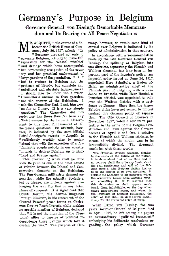 First page of Germany’s Purpose in Belgium<subtitle>Governor General von Biasing’s Remarkable Memorandum and its Bearing on all Peace Negotiations</subtitle>