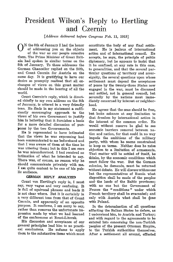First page of President Wilson’s Reply to Hertling and Czernin