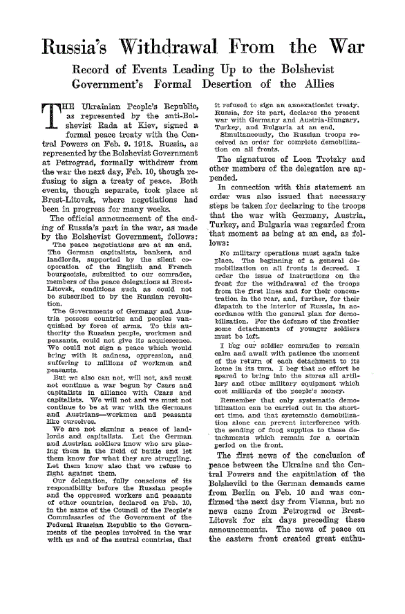 First page of Russia’s Withdrawal from the War