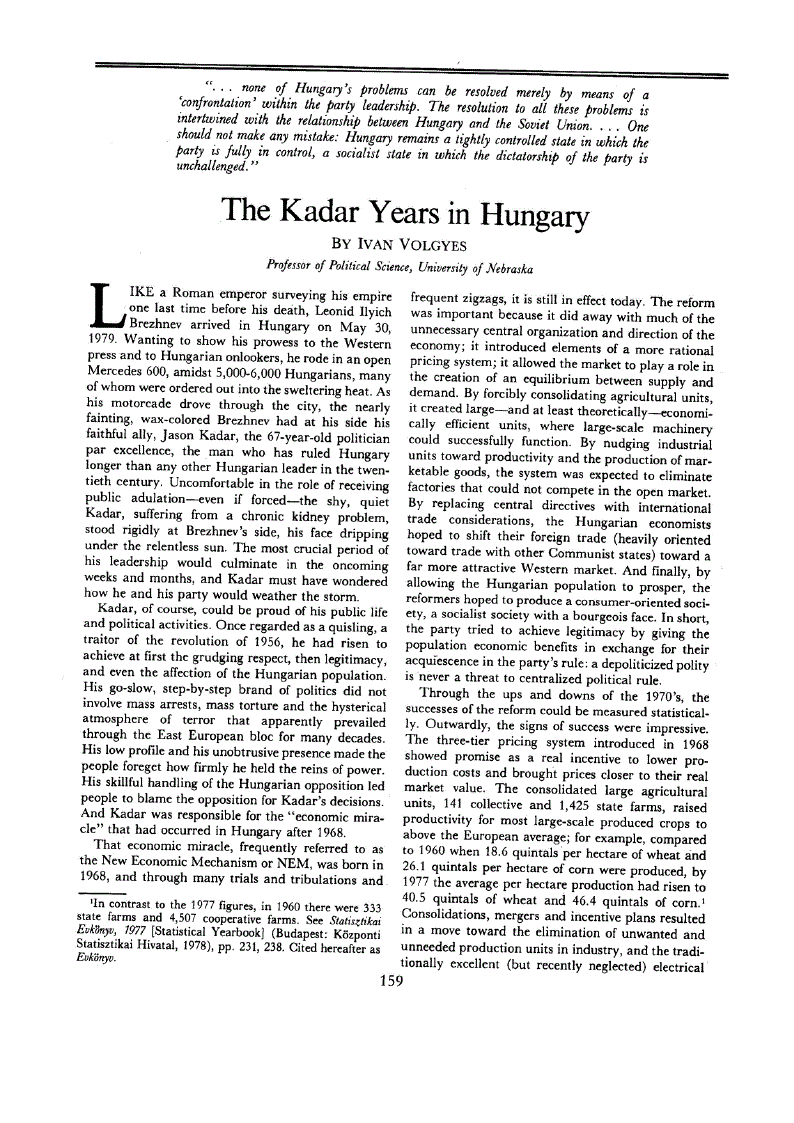 First page of The Kadar Years in Hungary