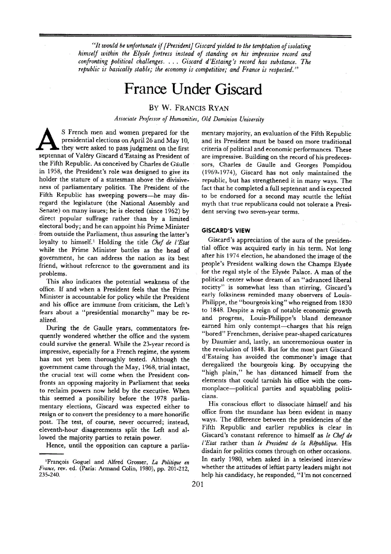 First page of France Under Giscard