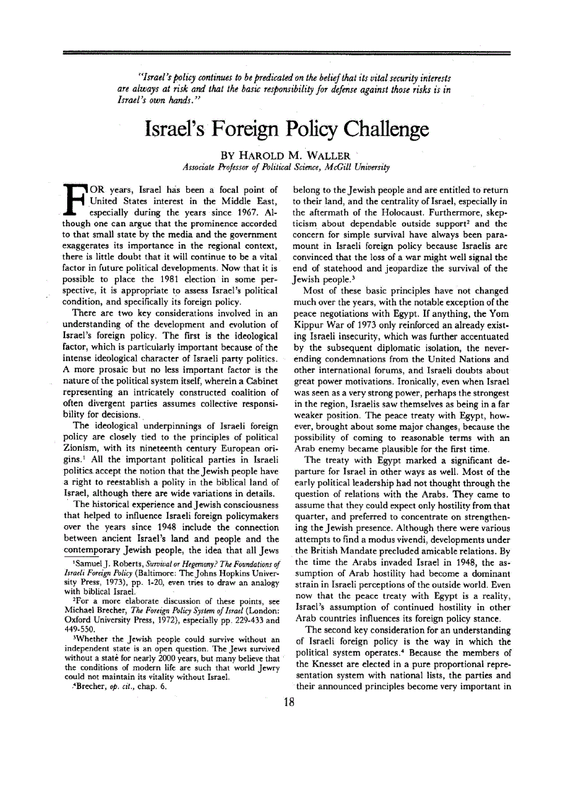 First page of Israel’s Foreign Policy Challenge