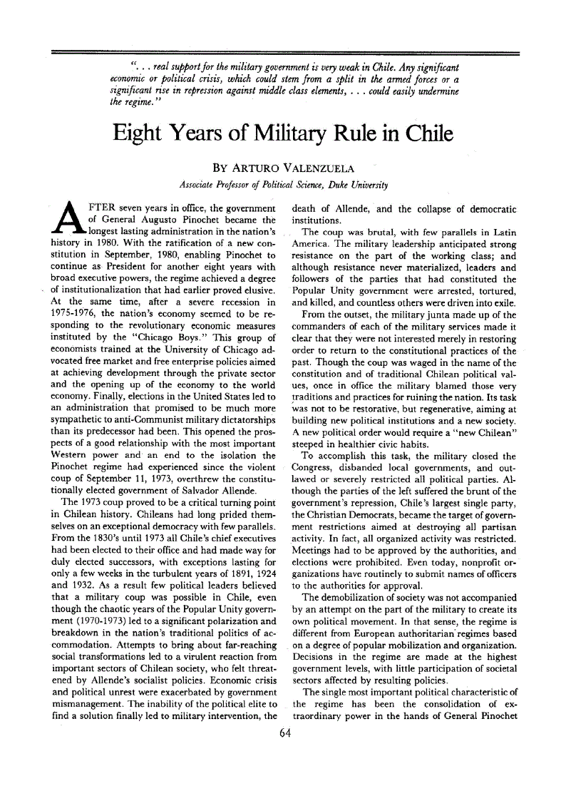 First page of Eight Years of Military Rule in Chile