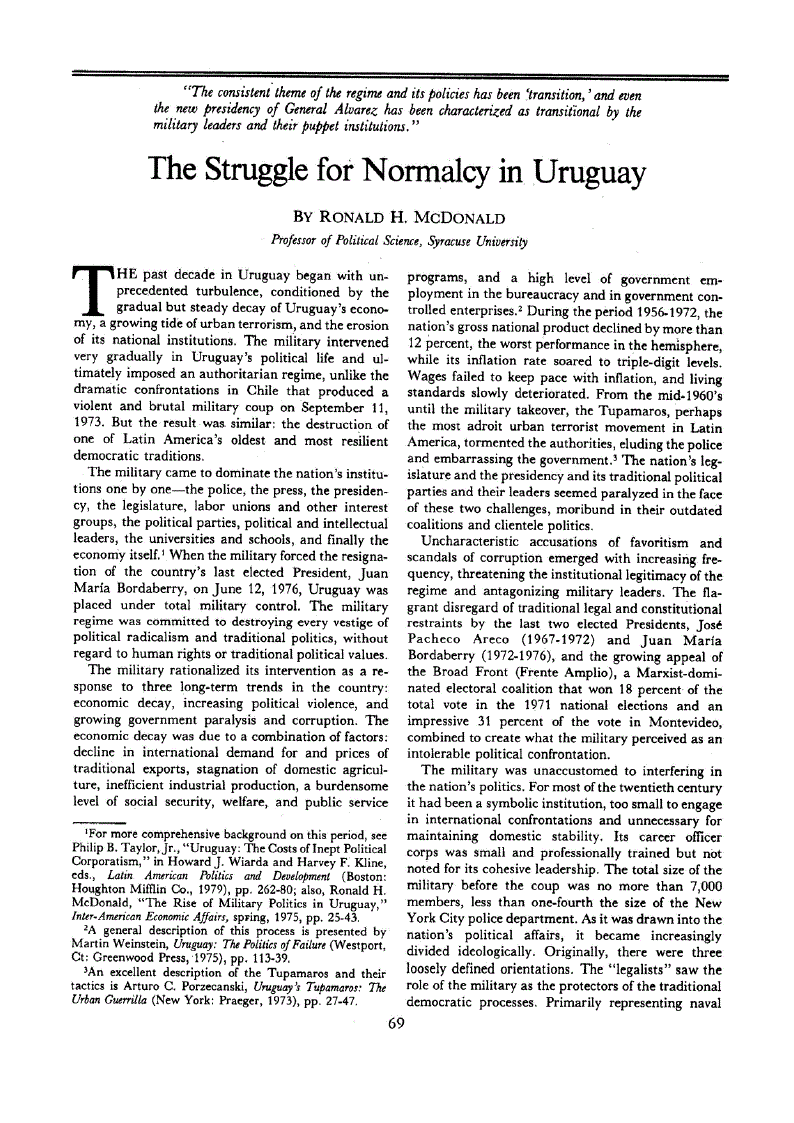 First page of The Struggle for Normalcy in Uruguay