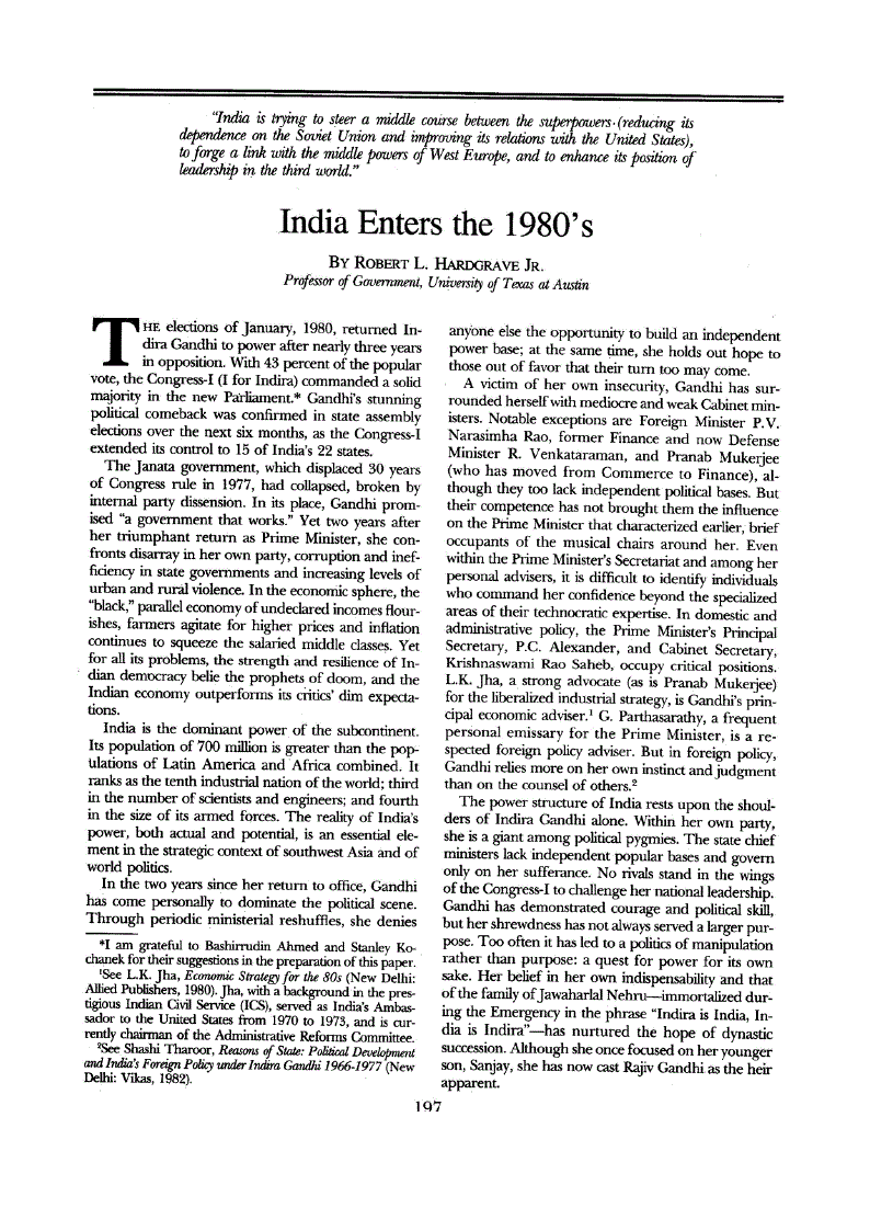 First page of India Enters the 1980’s