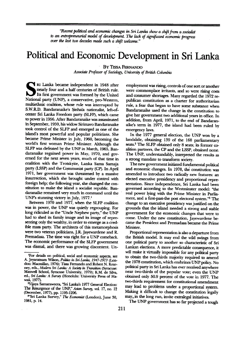 First page of Political and Economic Development in Sri Lanka